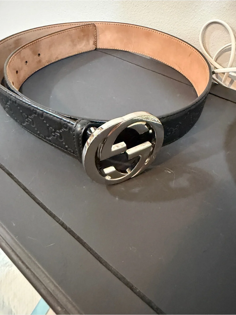 Gucci Black Leather Belt with Silver Double G Buckle